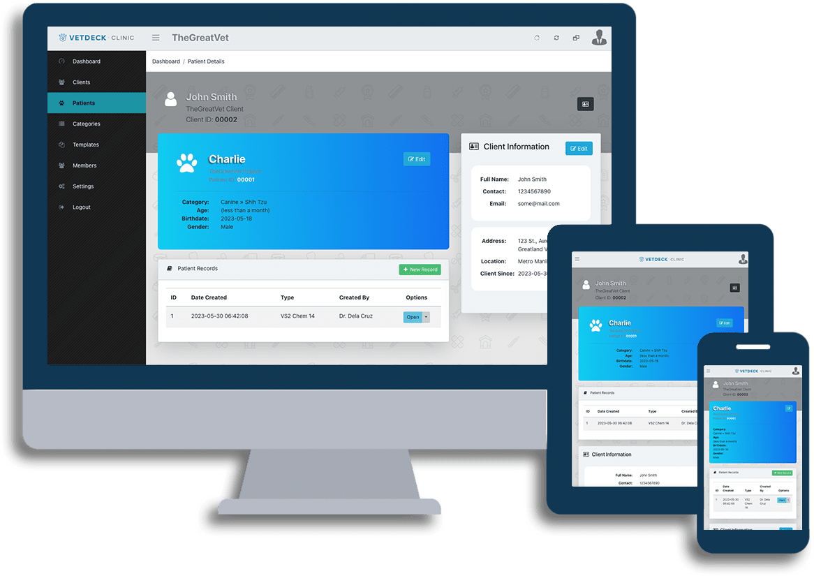 The VetDeck dashboard showing a patient record on a desktop monitor, a tablet, and a phone